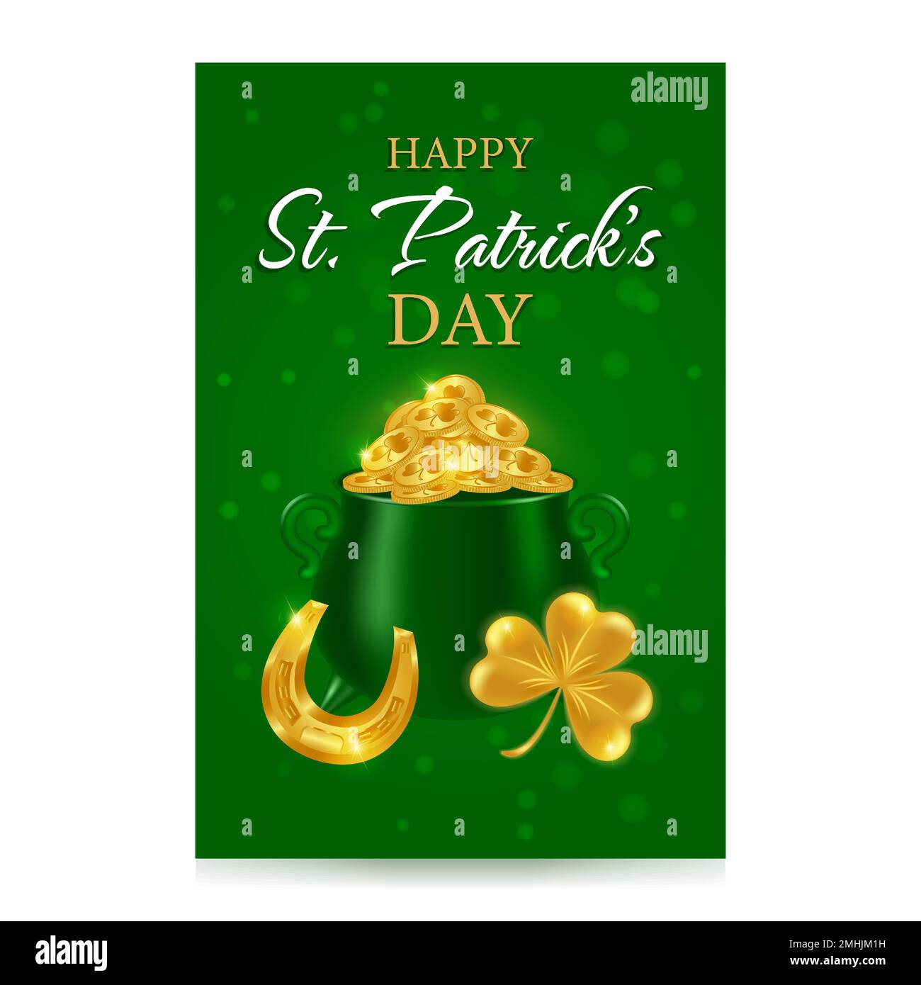Modello verticale Happy St. Giornata dei Patricks. Design festivo per biglietti d'auguri, volantini, poster, banner. Oro shamrock, ferro di cavallo, calderone con monete d'oro Illustrazione Vettoriale