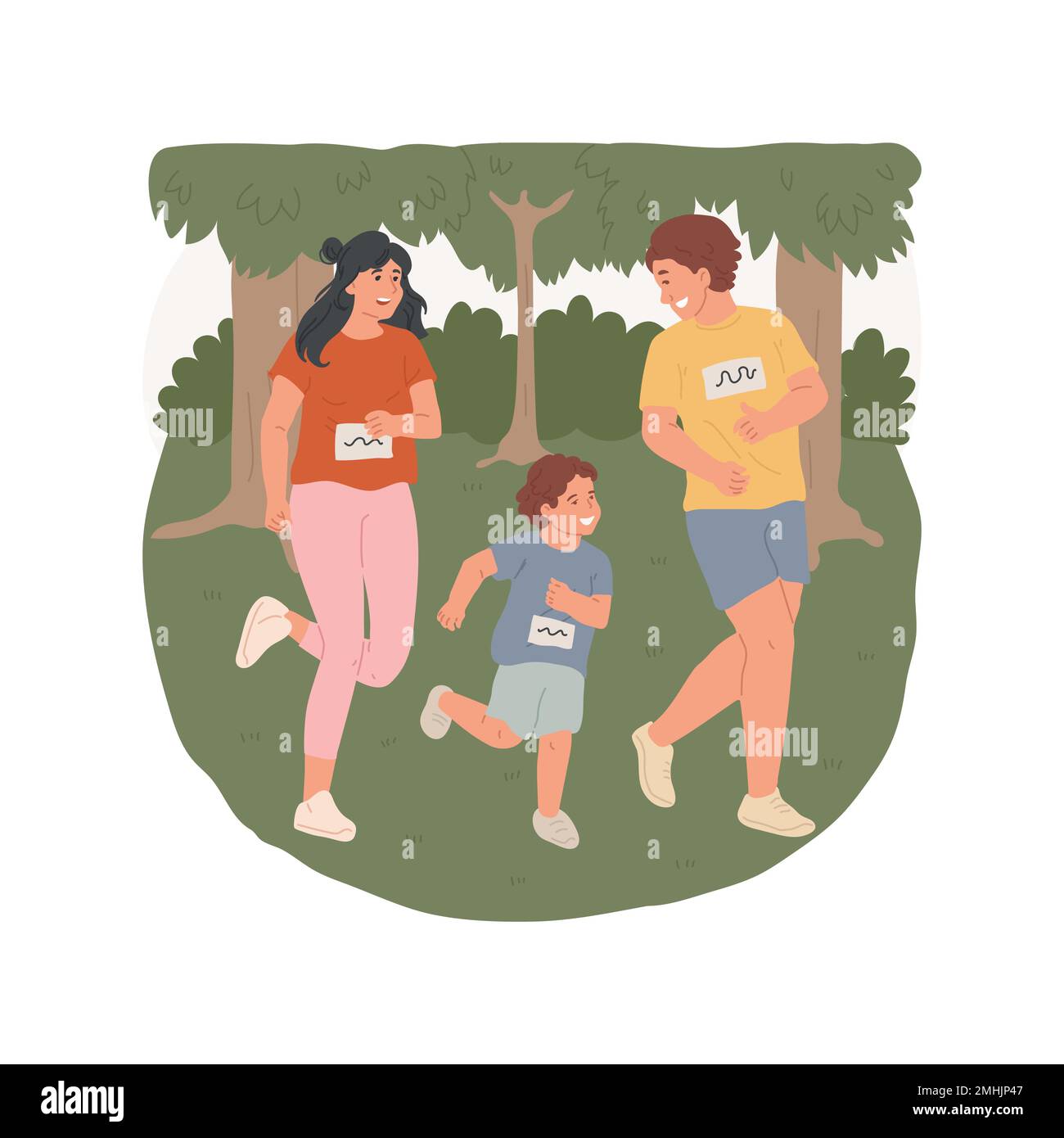 Foresta che esegue illustrazione di vettore di cartone animato isolato. Famiglia felice facendo corsa di fondo, allenamento nella foresta, persone stile di vita attivo, attività fisica insieme vettoriale cartone animato. Illustrazione Vettoriale