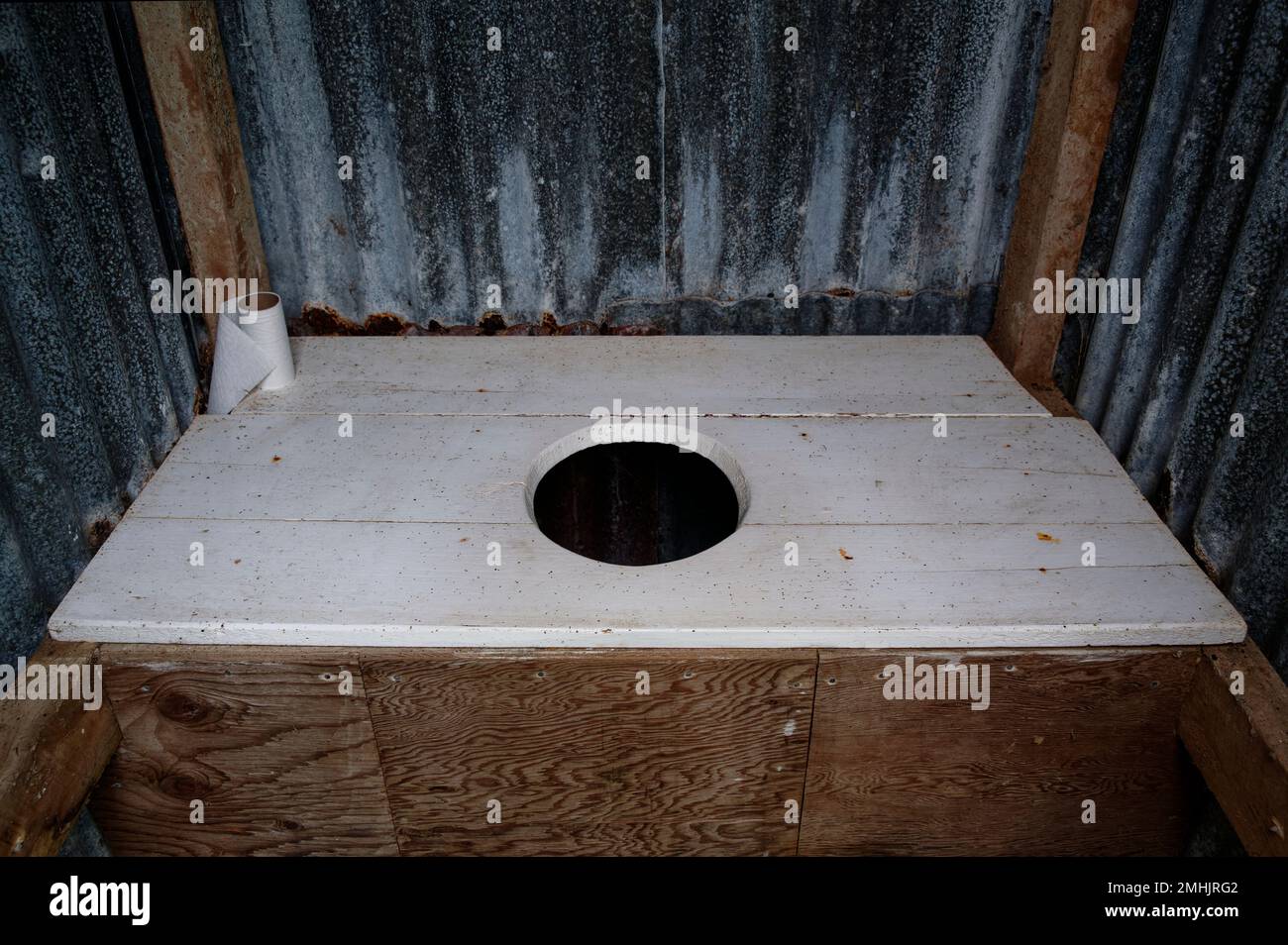 Un vecchio stile longdrop wc o armadio sporco in casa. Ha un rotolo di carta igienica pronto per l'uso. Foto Stock