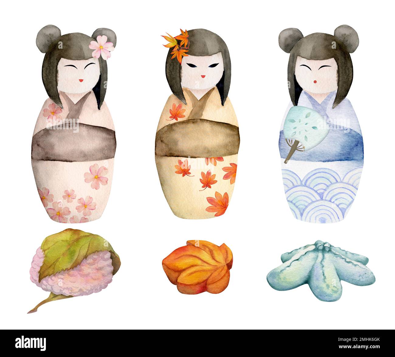 Acquerello, dolci giapponesi tradizionali disegnati a mano. Wagashi stagionale con bambola kokeshi. Isolato su sfondo bianco. Progettare per gli inviti Foto Stock