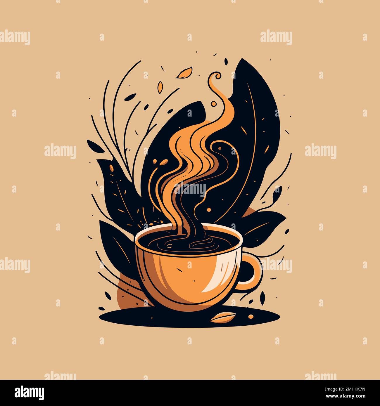 Tazza di caffè giallo con caffè nero in cima e vapore che sale dal calore Illustrazione Vettoriale