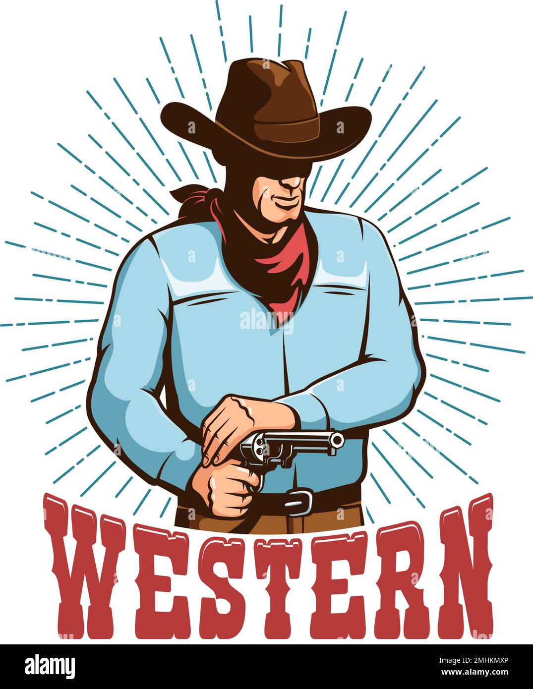 Emblema vintage occidentale con cowboy selvaggio occidentale. Illustrazione Vettoriale