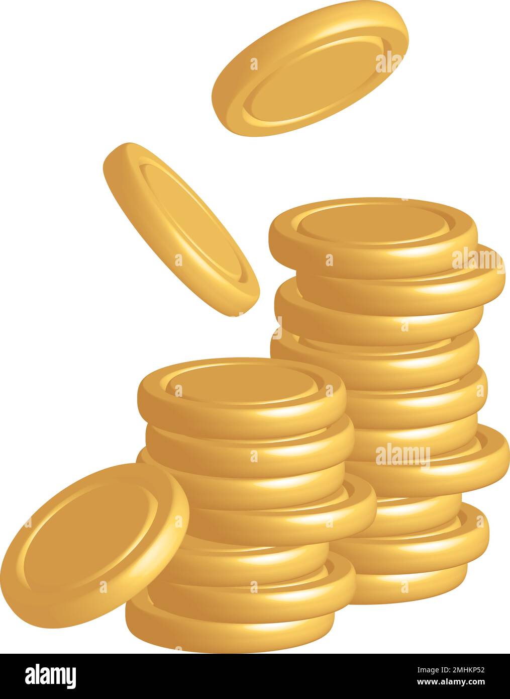 monete d'oro cadendo 3d realistico vettore denaro contante icona con ombre isolato su bianco, banca di accumulo concetto Illustrazione Vettoriale