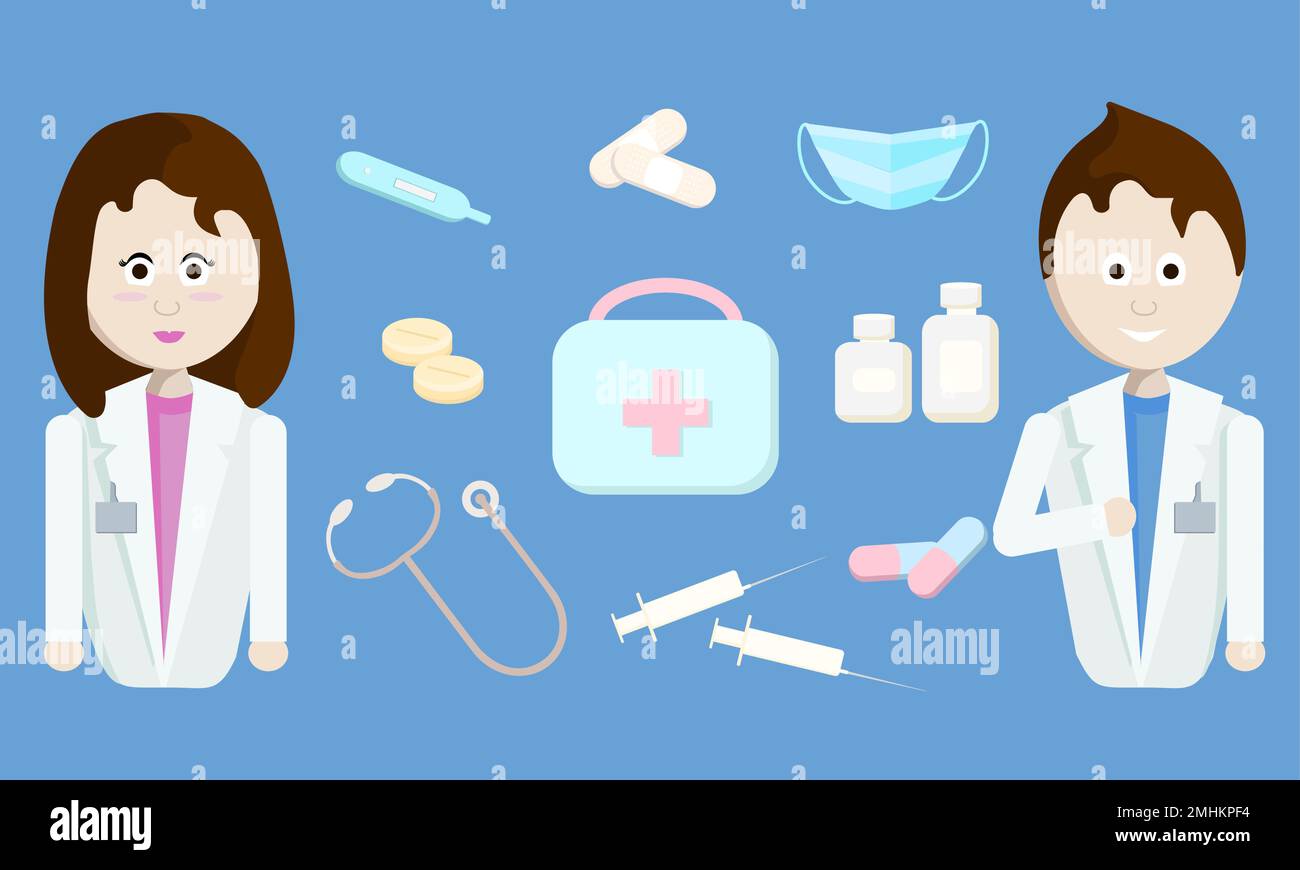 Un medico maschile e un medico femminile con il contenuto del kit di pronto soccorso su sfondo blu. Kit di pronto soccorso piccolo con termometro e pillole e tappi Illustrazione Vettoriale