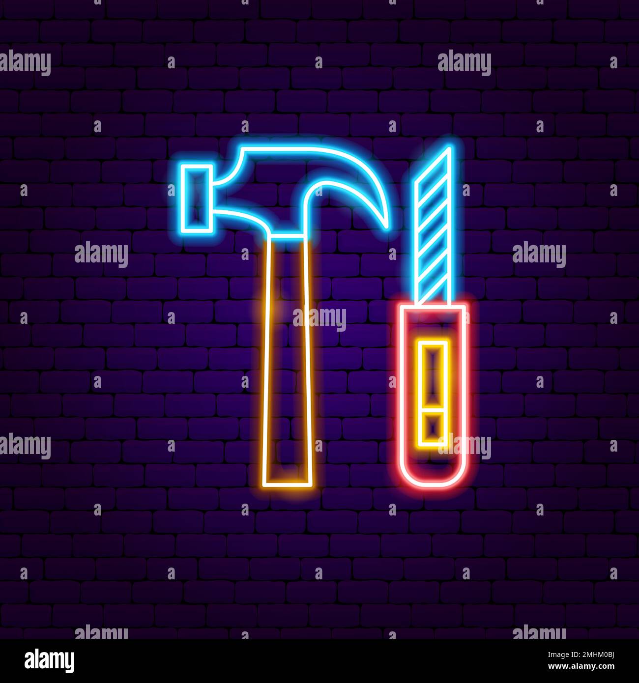 Cartello al neon martello e coltello da cancelleria Illustrazione Vettoriale