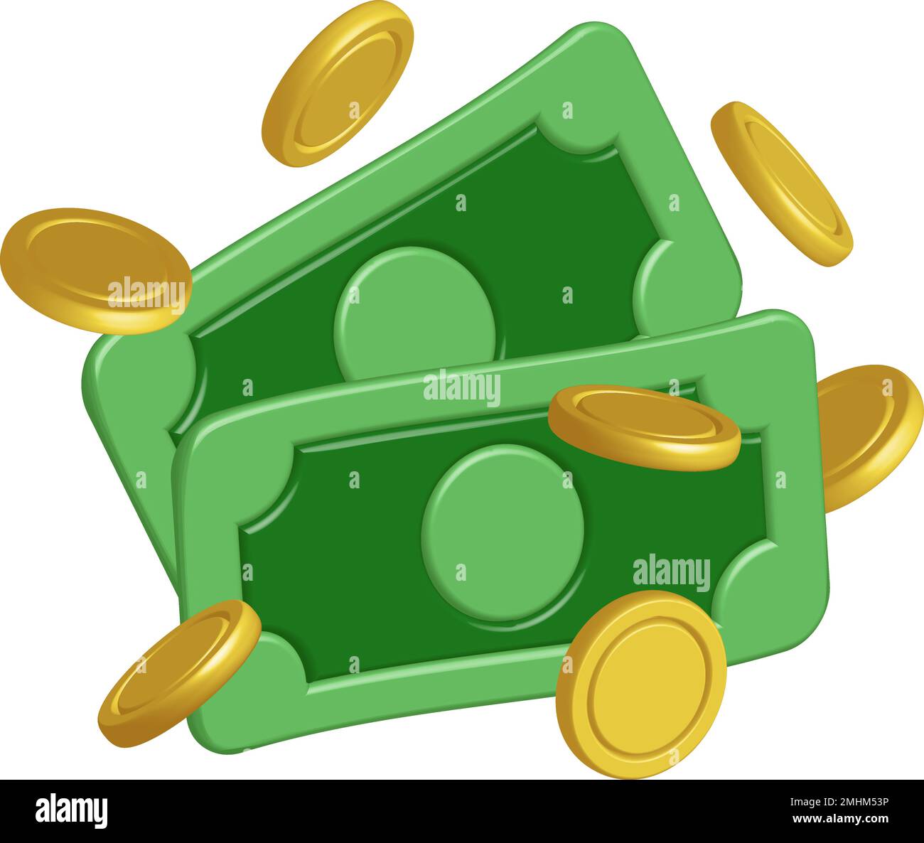 monete d'oro e carta dollari 3d denaro realistico vettore cash icona con ombre isolate su sfondo bianco. Concetto di successo aziendale Illustrazione Vettoriale