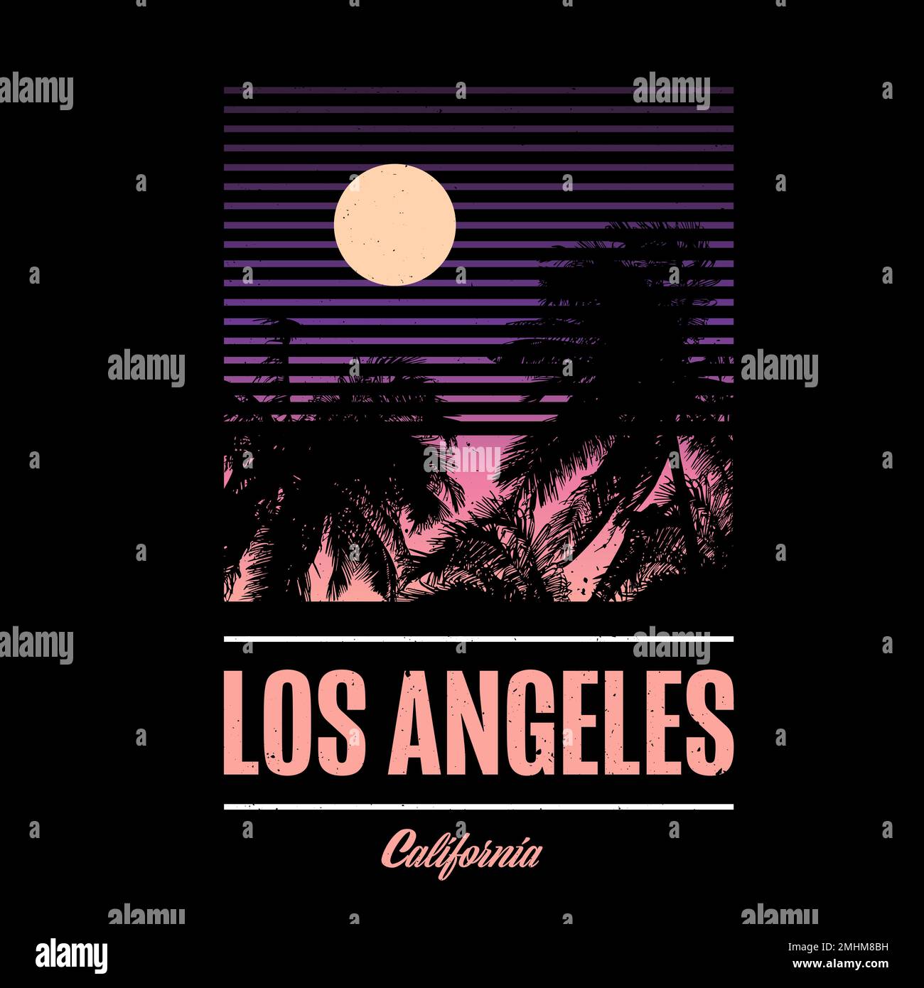 Grafica TShirt con Los Angeles, California. Finestra con otturatore e tramonto sul cielo in pendenza. Palme o la spiaggia. Design Vinatge 80s Outrun Illustrazione Vettoriale
