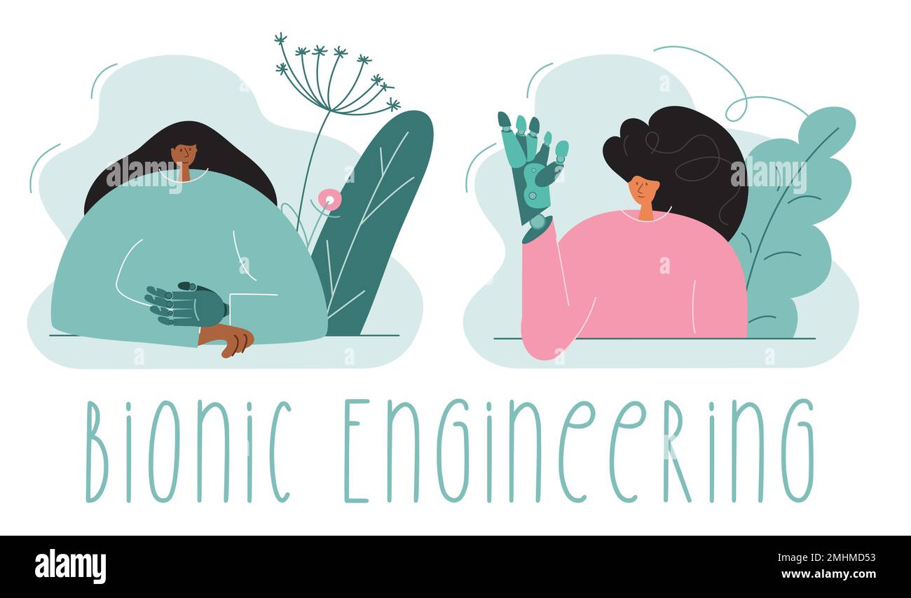 L'anomalia alla nascita delle donne ha un braccio di titanio. Le donne con disabilità hanno protesi bioniche per mano o impianto. Illustrazione vettoriale con frase BIONIC Illustrazione Vettoriale