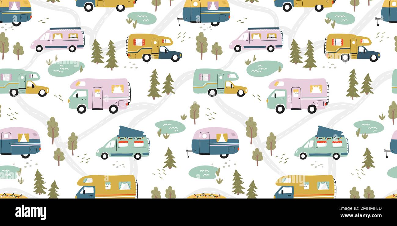 Road trip senza cuciture motivo, doodle camper furgoni, vanlife, avventura - grande per tessuti, striscioni, sfondi - vettoriale design Illustrazione Vettoriale