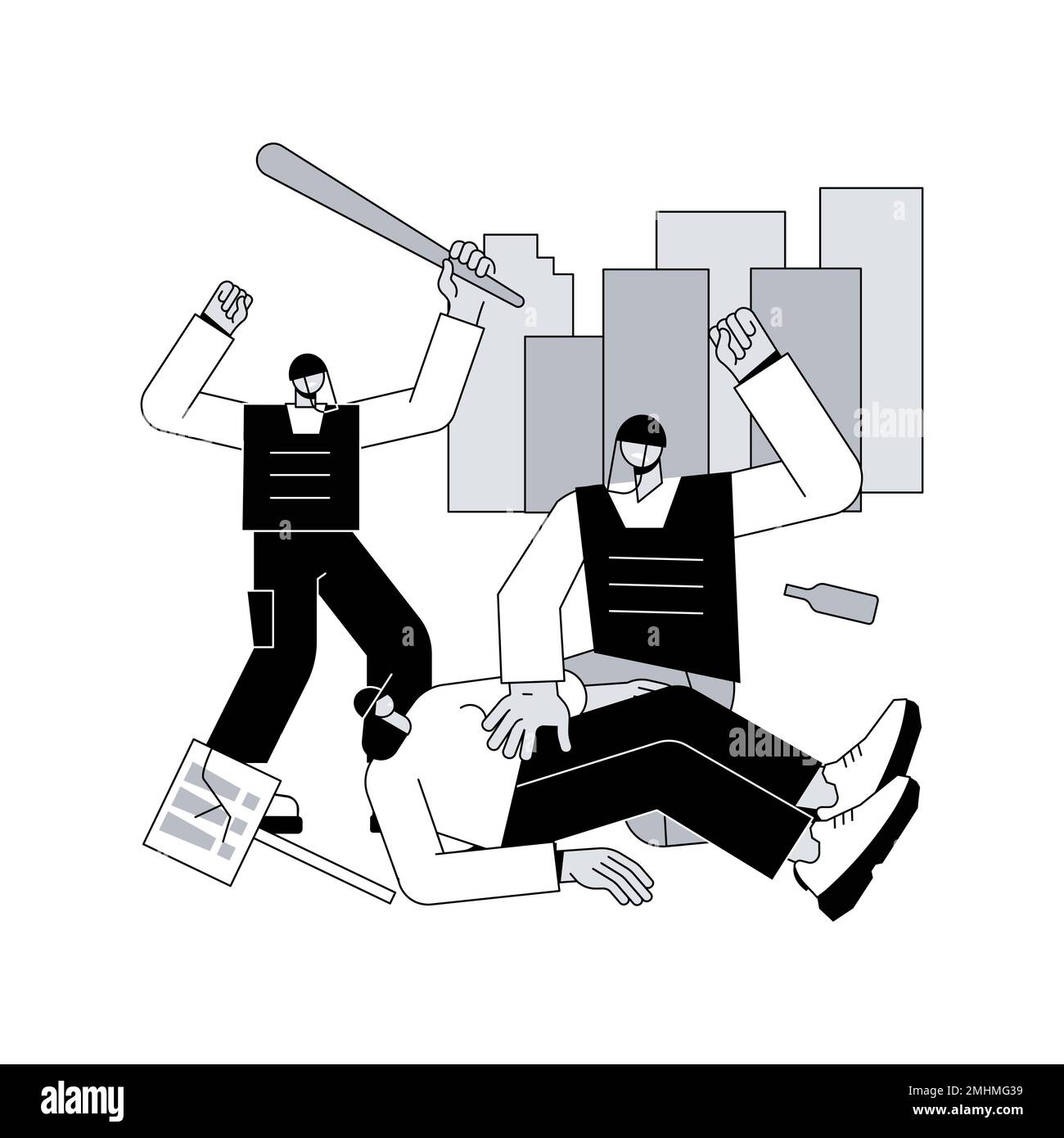 Polizia violenza astratto concetto vettore illustrazione. Protesta di massa, brutalità della polizia, violazione dei diritti civili, danni alla proprietà, forze dell'ordine, azioni legali, smilitarizzazione metafora astratta. Illustrazione Vettoriale