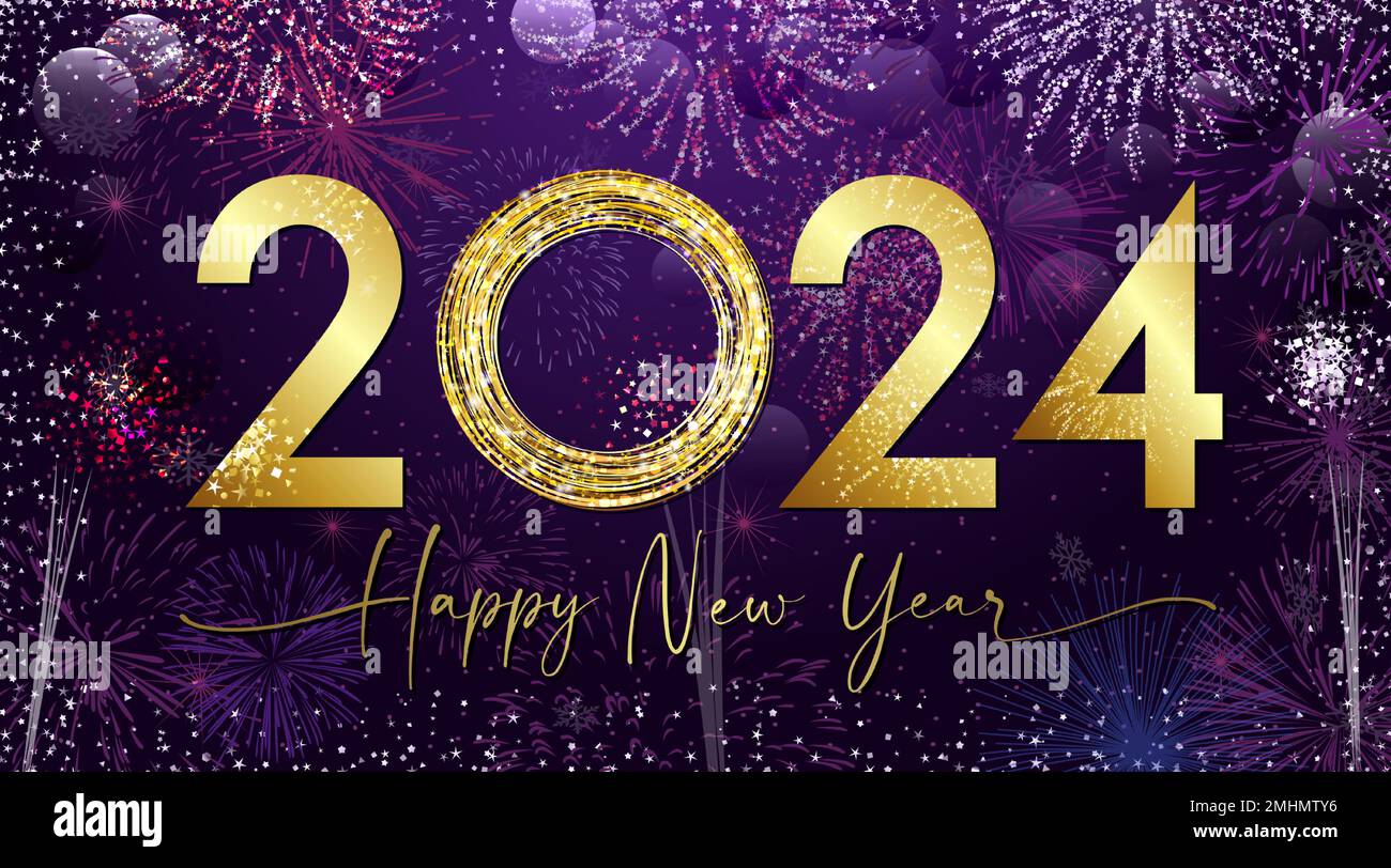 Golden Shiny numero 2024 e testo scritto a mano. Un felice biglietto di auguri di Capodanno con sfondo scintillante. Banner della vigilia di Natale Illustrazione Vettoriale