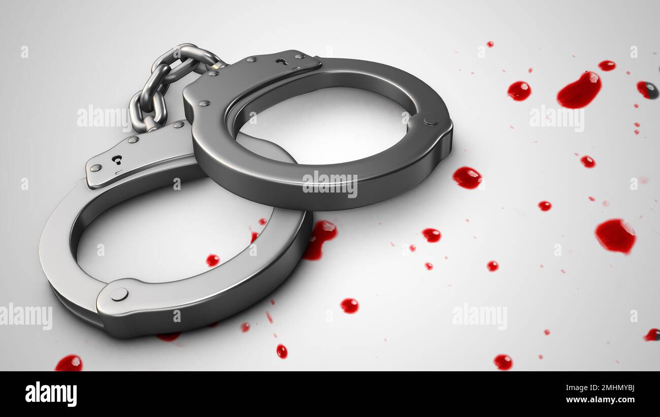 Bracciale a mano con splatter di sangue rosso scena crimine 3D illustrazione Foto Stock