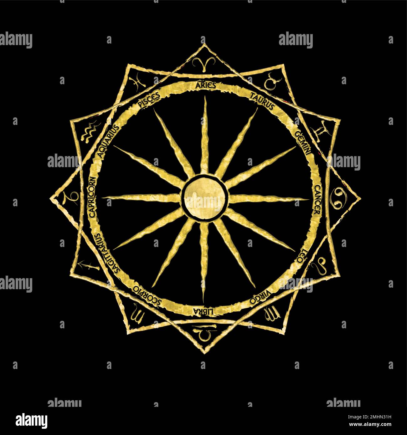 Immagine di una bussola dorata su una ruota zodiacale nera Illustrazione Vettoriale