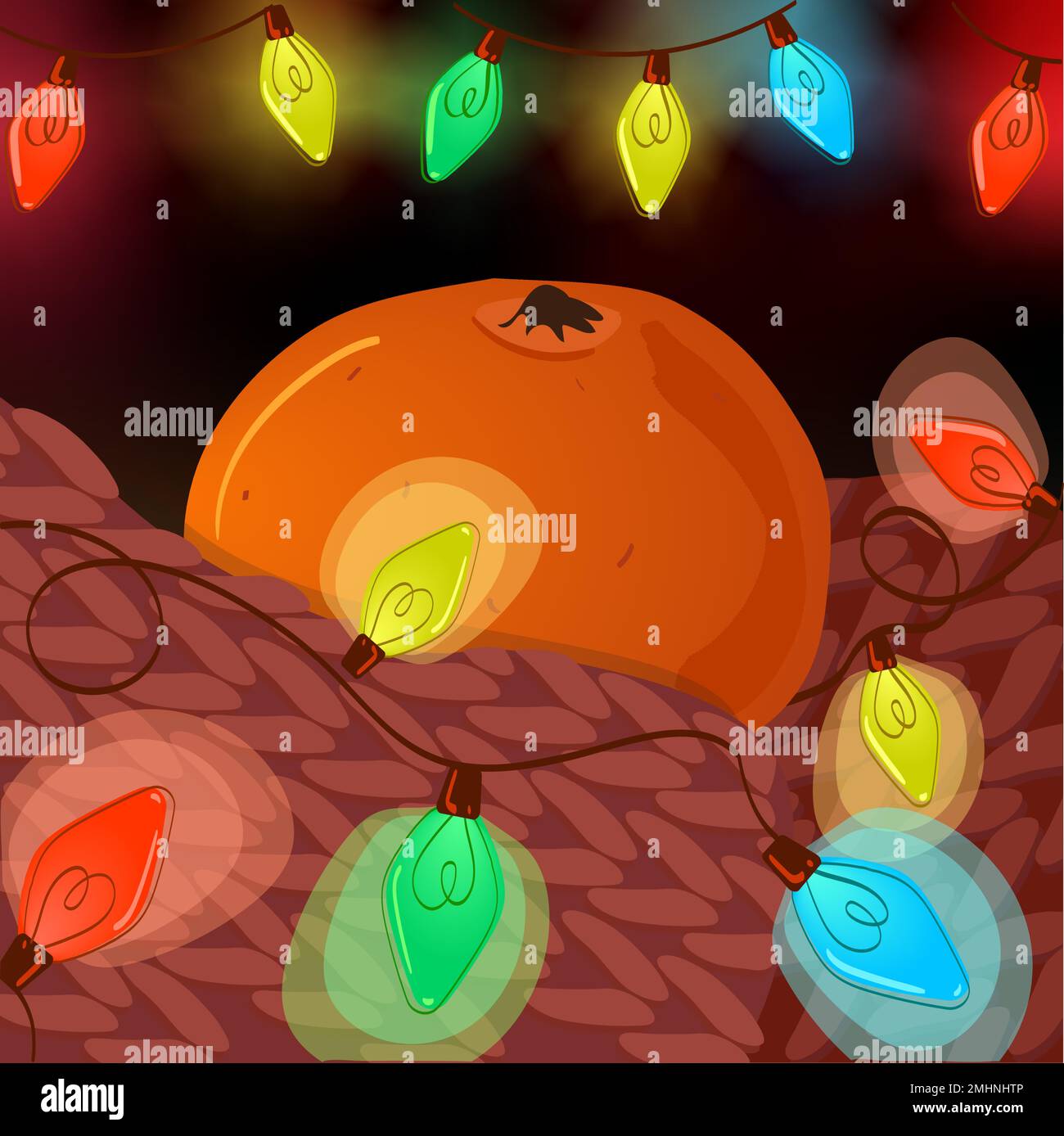 Un tangerino arancione brillante su uno sfondo scuro di luci di Natale, avvolto in una calda plaid marrone. Illustrazione Vettoriale