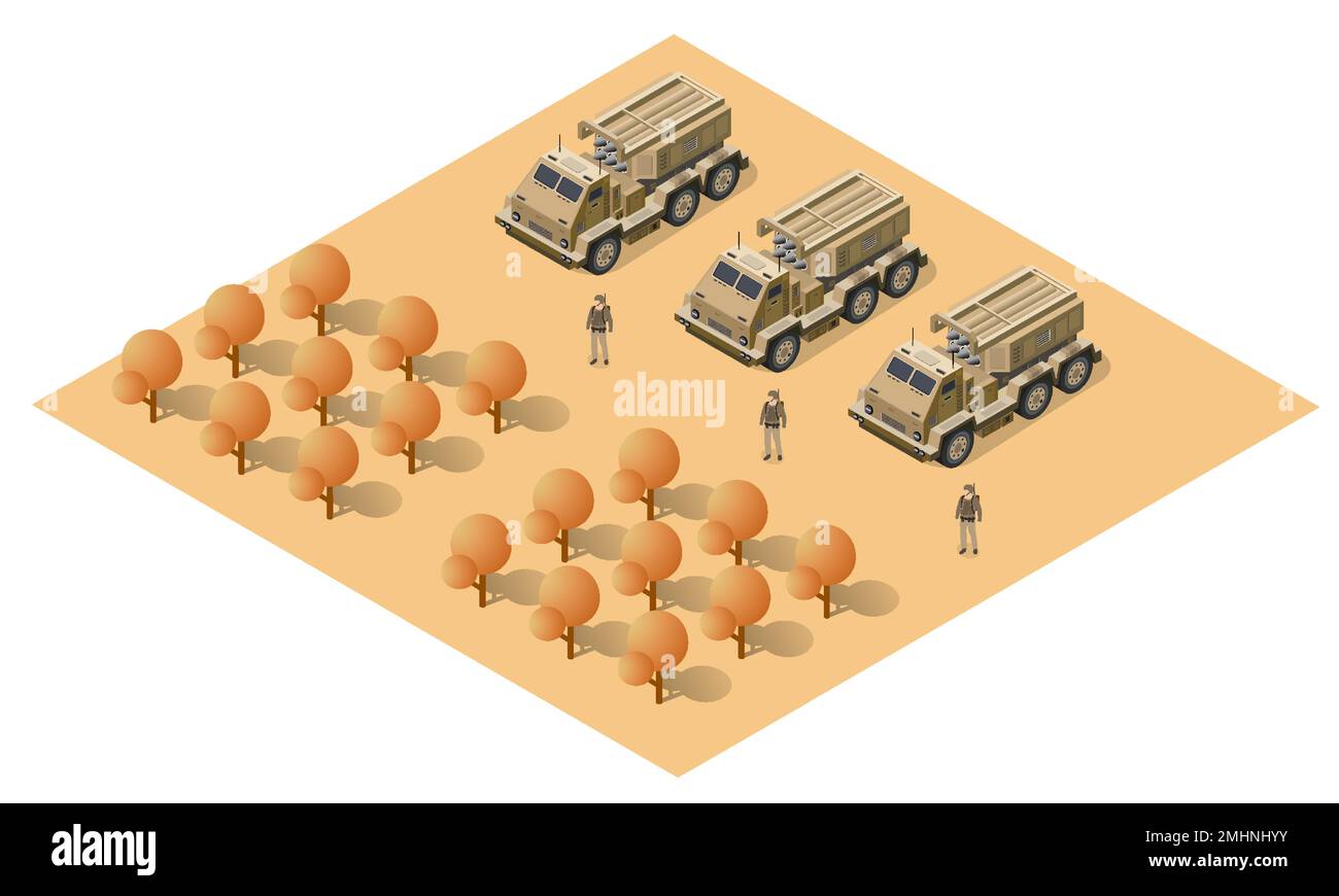 Sistemi di razzo di lancio multipli veicoli militari missili militari mimetizzazione della difesa. Illustrazione del vettore isometrico 3D. Illustrazione Vettoriale