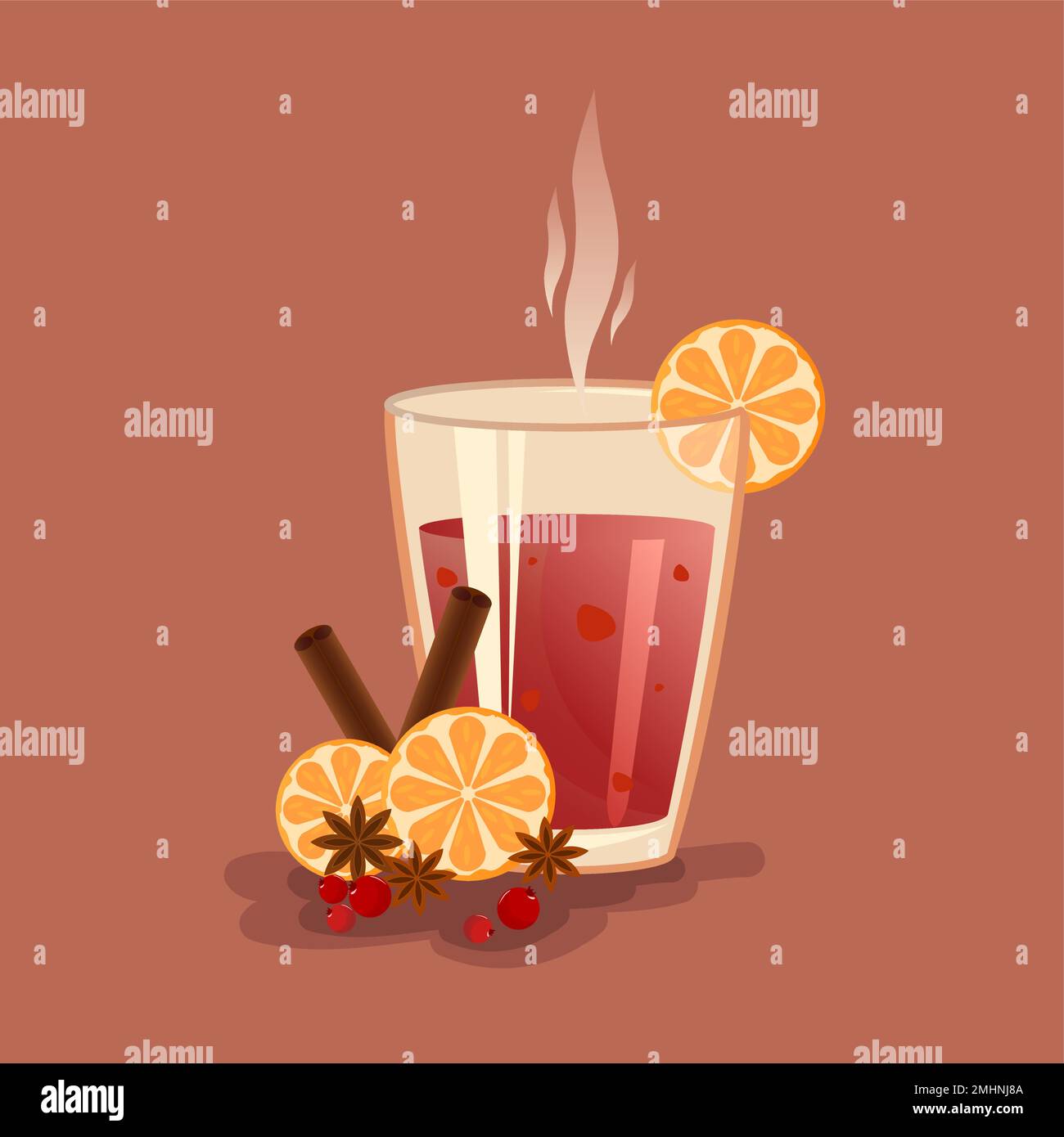 VIN brulé in un bicchiere con arancia, cannella, badian e bacche. Le bolle ed il vapore trasmettono il coziness ed il calore. Illustrazione Vettoriale