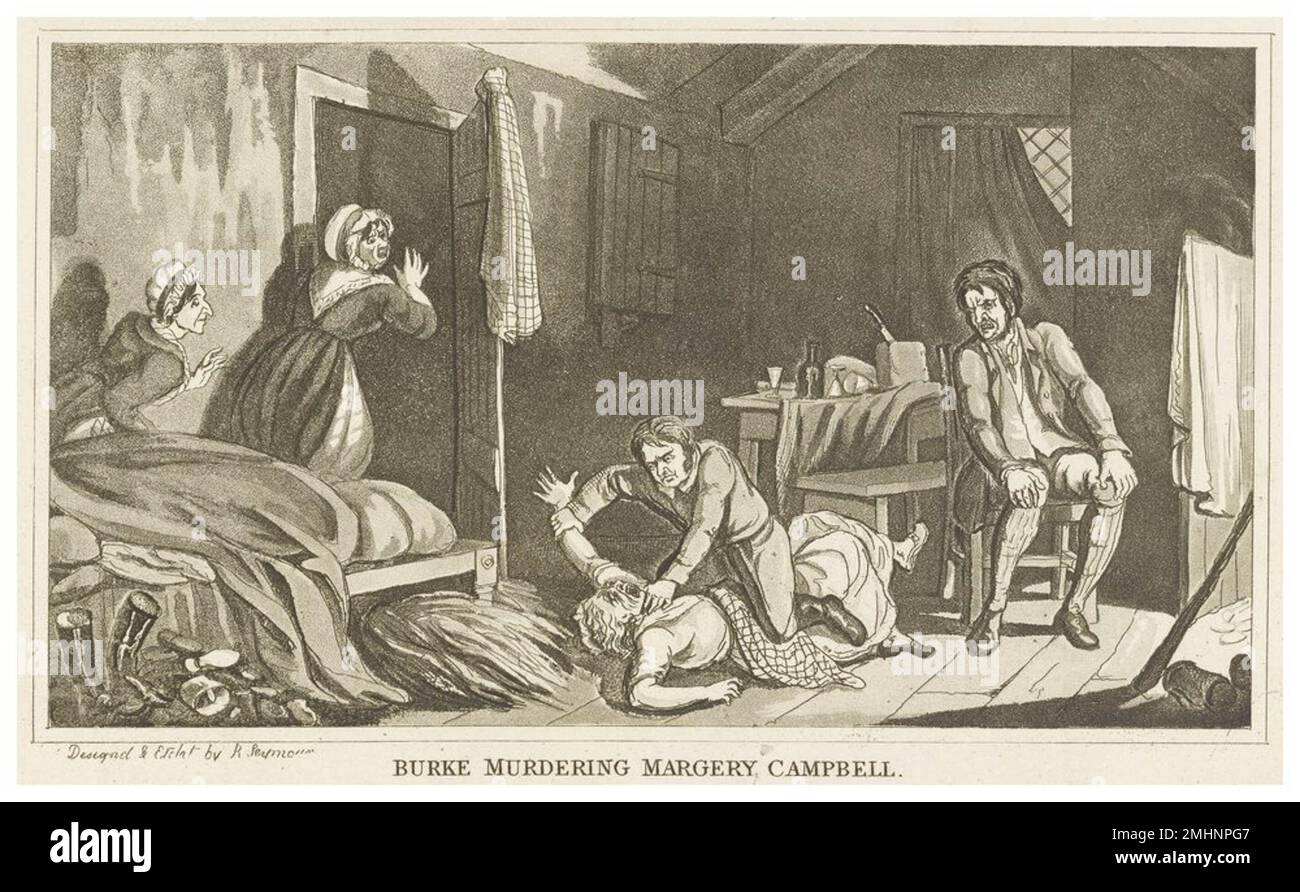 Un'illustrazione del 1829 del serial killer britannico William Burke che uccide Margery Campbell. Foto Stock