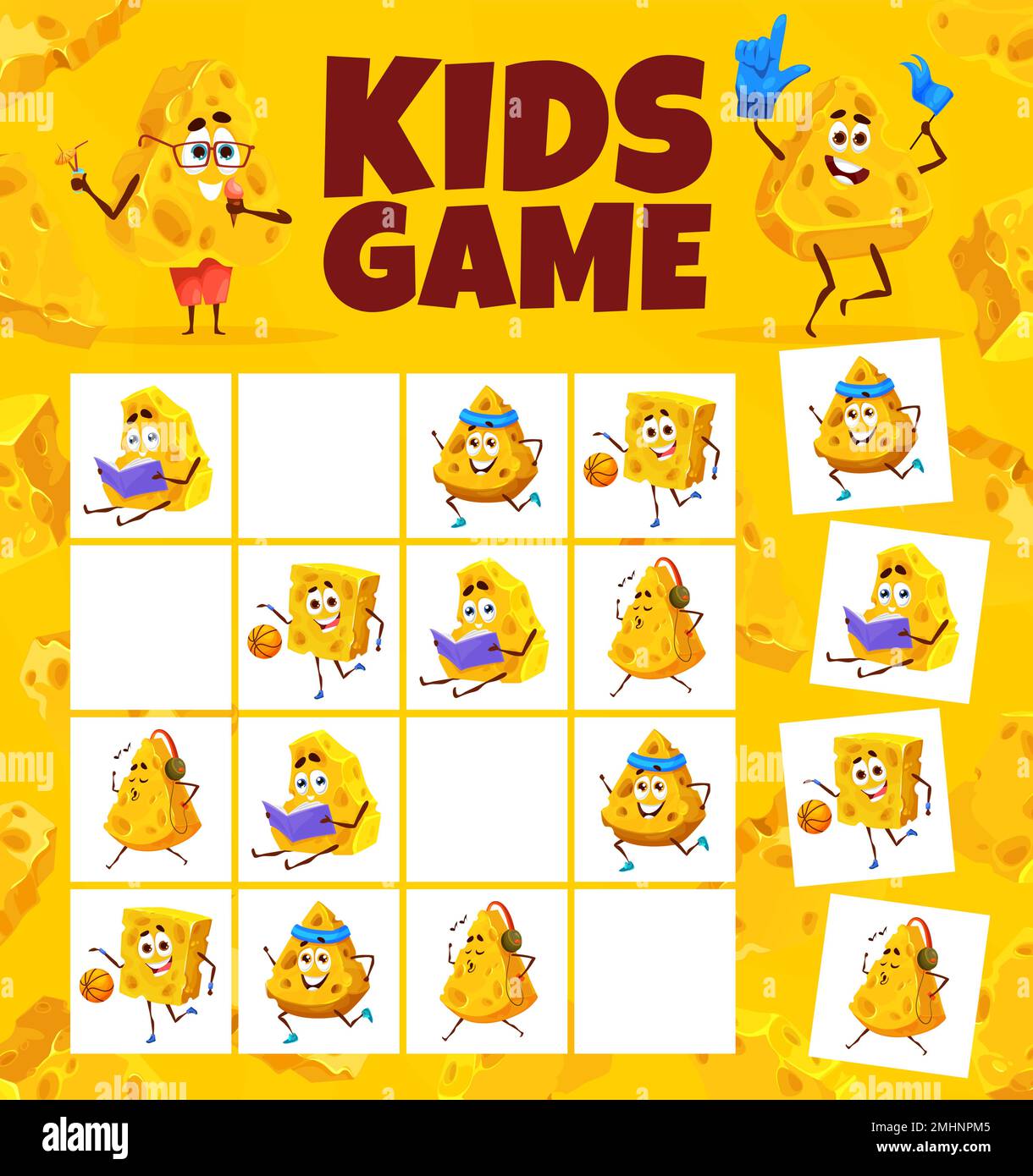 Sudoku foglio di lavoro gioco cartoon maasdam e gouda personaggi formaggio. Kids vettore indovinello con personaggi cartoni animati su scacchiera. Attività educativa per i bambini attività di spare time, giochi da tavolo di ricreazione Illustrazione Vettoriale