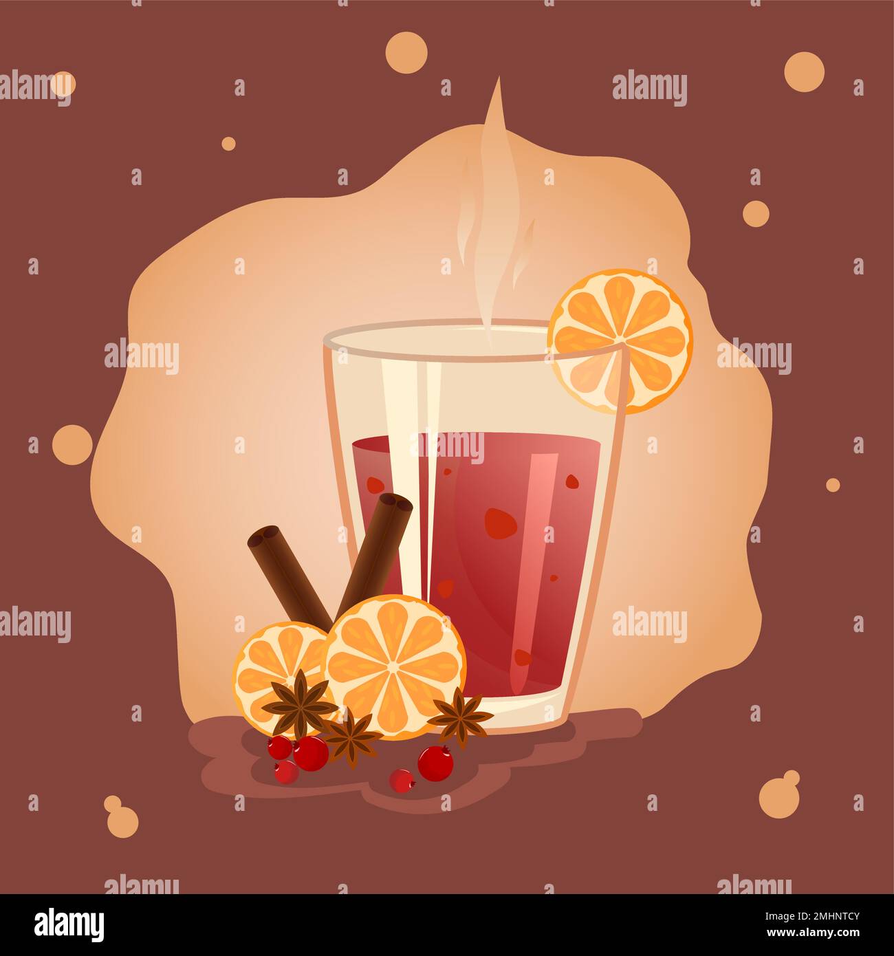 VIN brulé in un bicchiere con arancia, cannella, badjan e bacche. Le bolle ed il vapore trasmettono il coziness ed il calore. Illustrazione Vettoriale