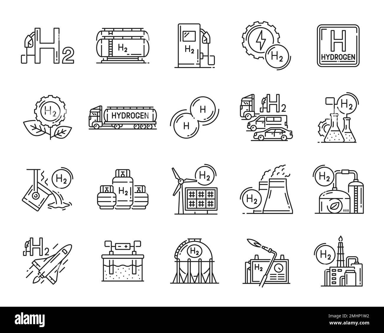 Icone idrogeno. Simboli delle fonti energetiche rinnovabili e sostenibili. Pittogrammi linea sottile di combustibile di gas di idrogeno, icone vettoriali di contorno verdi di alimentazione set con serbatoio di gas, fiasche da laboratorio e centrale solare Illustrazione Vettoriale