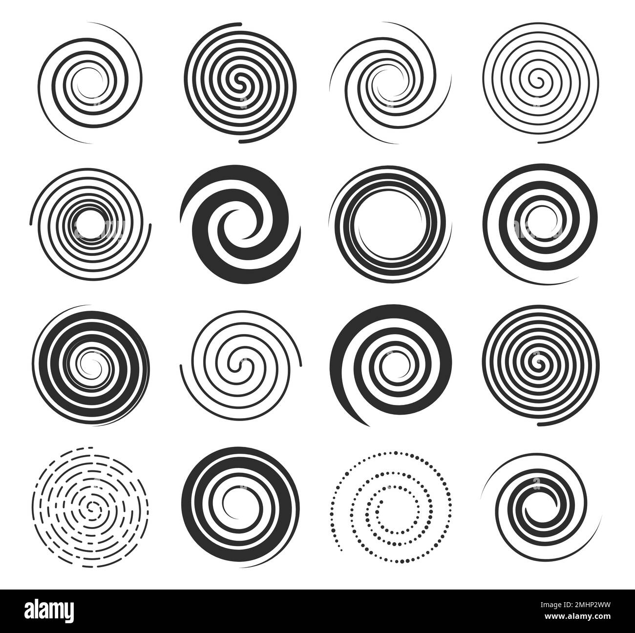 Icone di turbolenza a spirale, linee di forma circolare e simboli di turbolenza, movimento circolare vettoriale ed elementi ipnotici. Le spirali girano in un disegno geometrico astratto, le linee radiali di velocità in torsioni e vortici Illustrazione Vettoriale