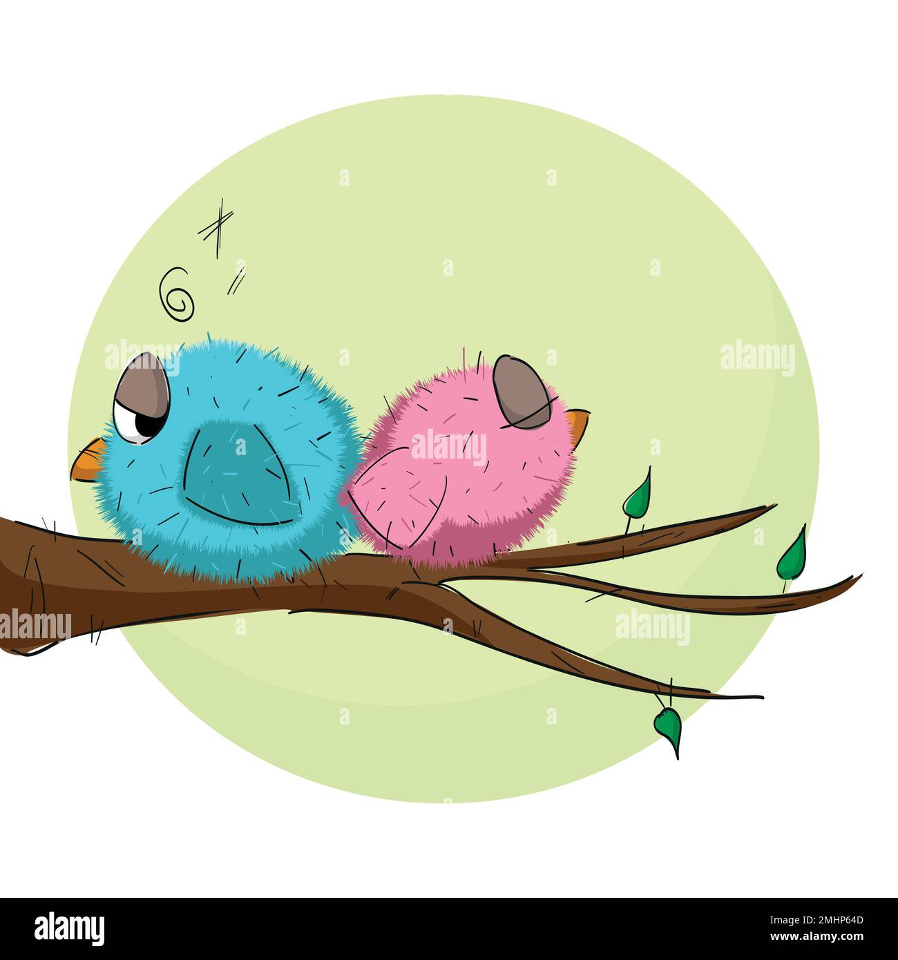 Bella illustrazione vettoriale di due piccoli uccelli arrabbiati su un ramo di albero con una grande luna sullo sfondo Illustrazione Vettoriale
