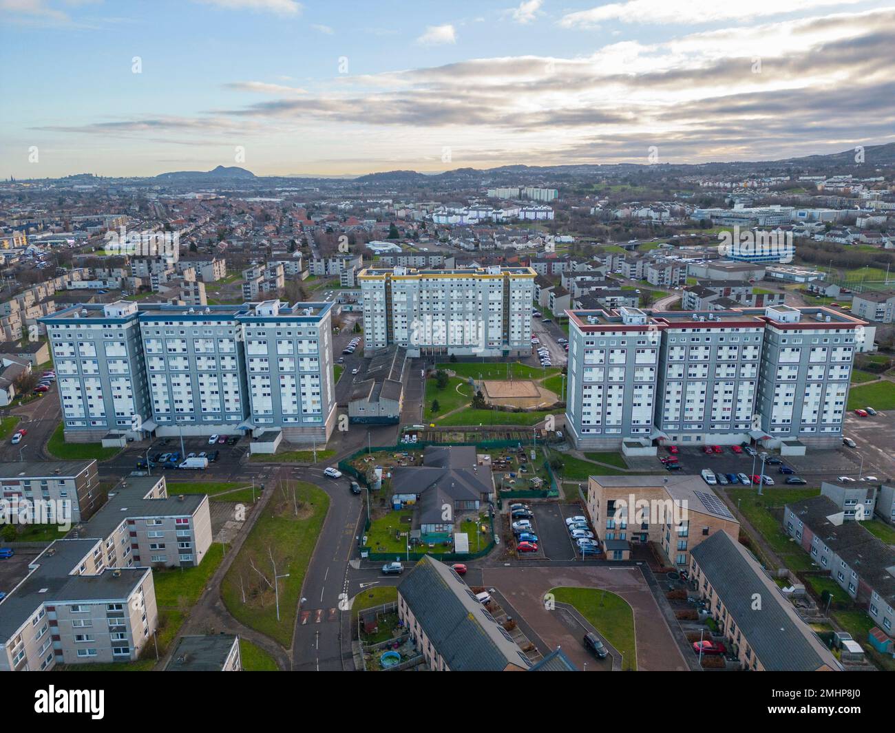 Veduta aerea della tenuta di alloggi a Wester Hailes a Edimburgo, Scozia, Regno Unito Foto Stock