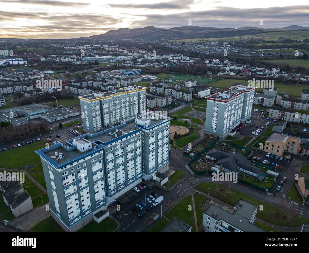 Veduta aerea della tenuta di alloggi a Wester Hailes a Edimburgo, Scozia, Regno Unito Foto Stock