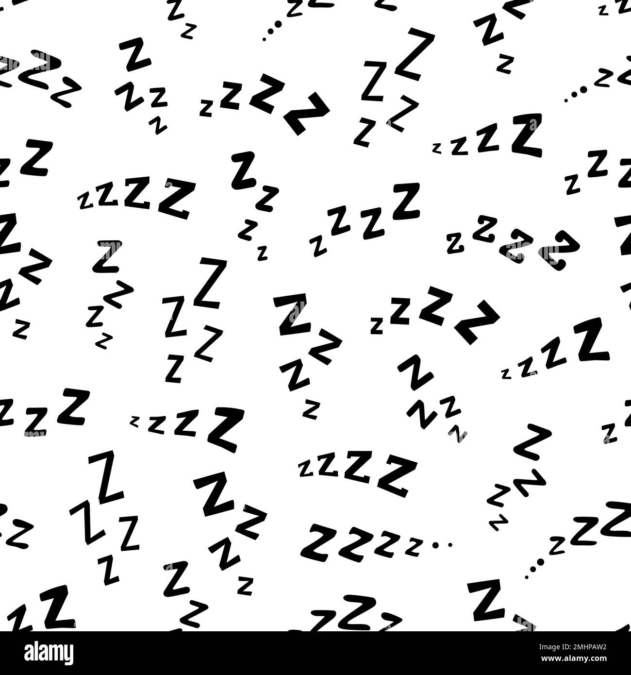 ZZZ, ZZZZ doodle letto sonno snore modello senza cuciture. Sfondo di carta da imballaggio, sfondo vettoriale o motivo tessuto senza cuciture, stampa tessuto o modello di copertina con sonorità snooze fumetto a notte Illustrazione Vettoriale