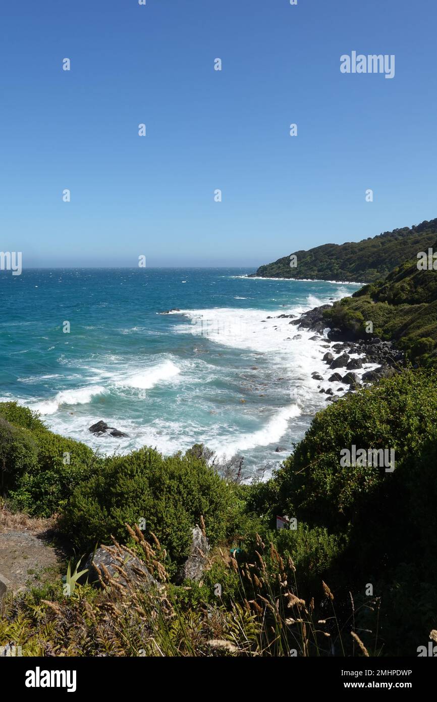 Foveaux Straights visto dalla riserva di Bluff Hill, Southlands, South Island, Nuova Zelanda Foto Stock