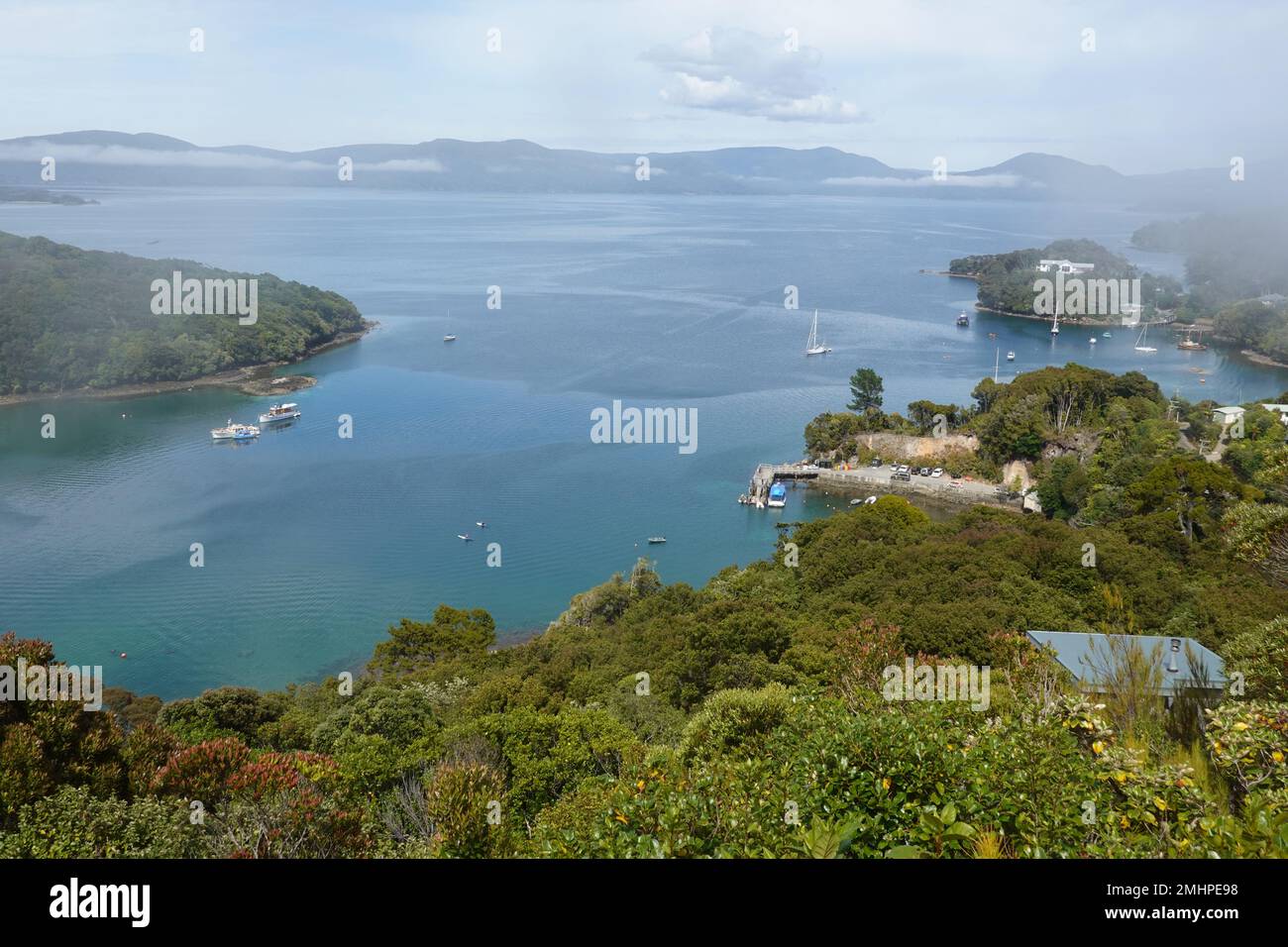 Iona Island e Golden Bay visto da Observation Rock, Stewart Island, Nuova Zelanda Foto Stock