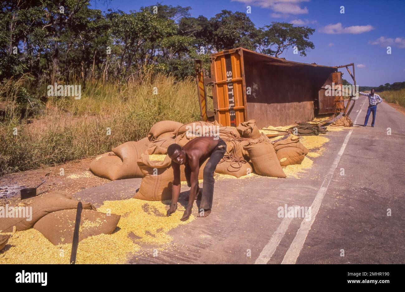 Zambia, Provincia del Nord. il camion con sacchi di mais si è capovolto. Foto Stock