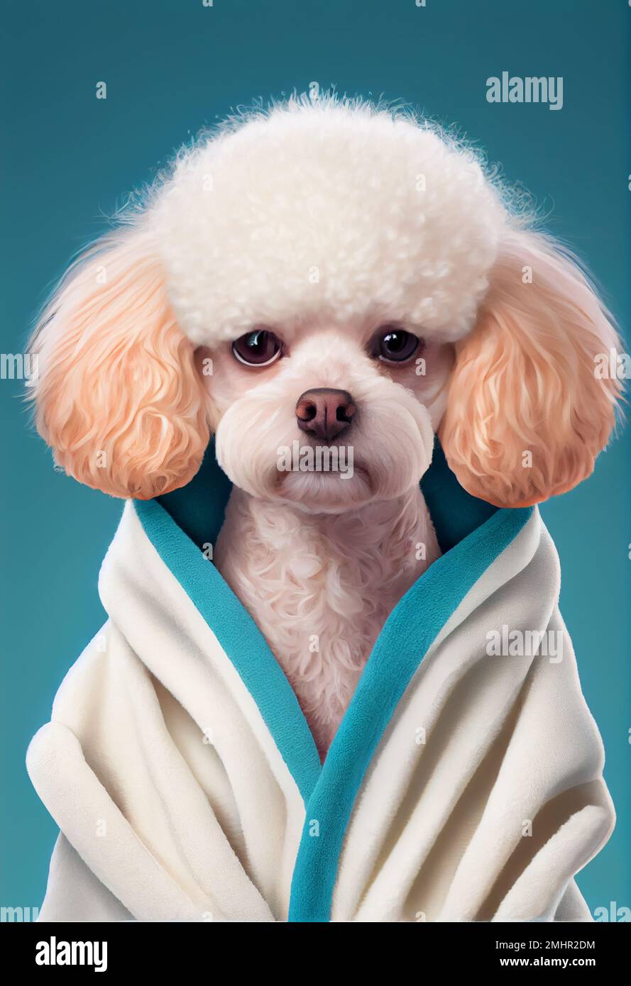 Un'illustrazione generata dall'intelligenza artificiale di un Toy Poodle avvolto in un vestito su uno sfondo blu Foto Stock