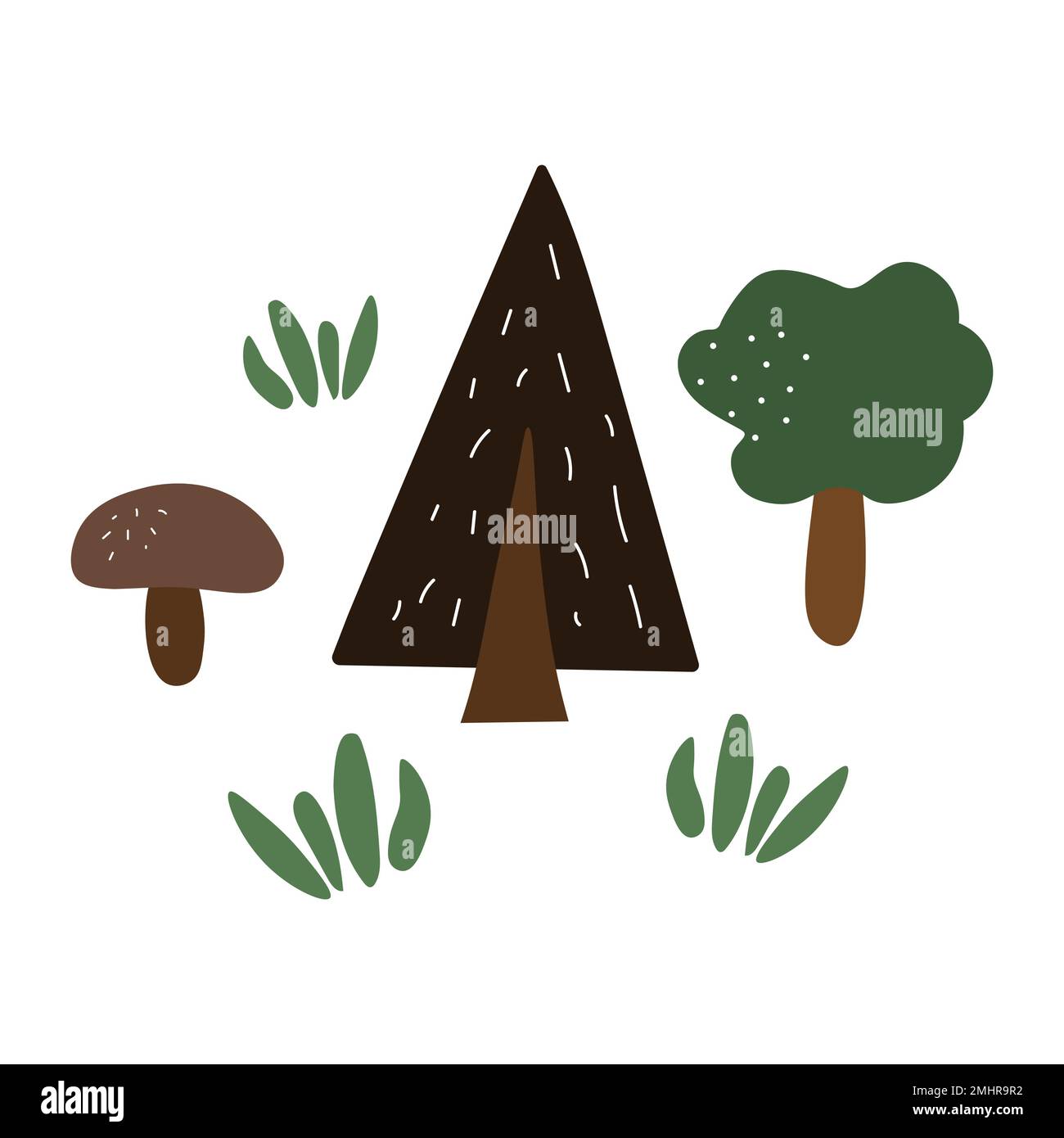 Doodle alberi forestali in stile scandinavo in estate. Albero di Natale, fungo in piano design. Illustrazione Vettoriale