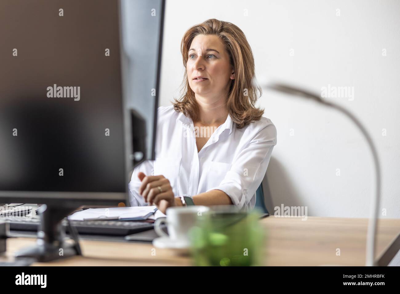 Un ragioniere o una donna d'affari lavora nel suo ufficio ad un calcolatore. Foto Stock