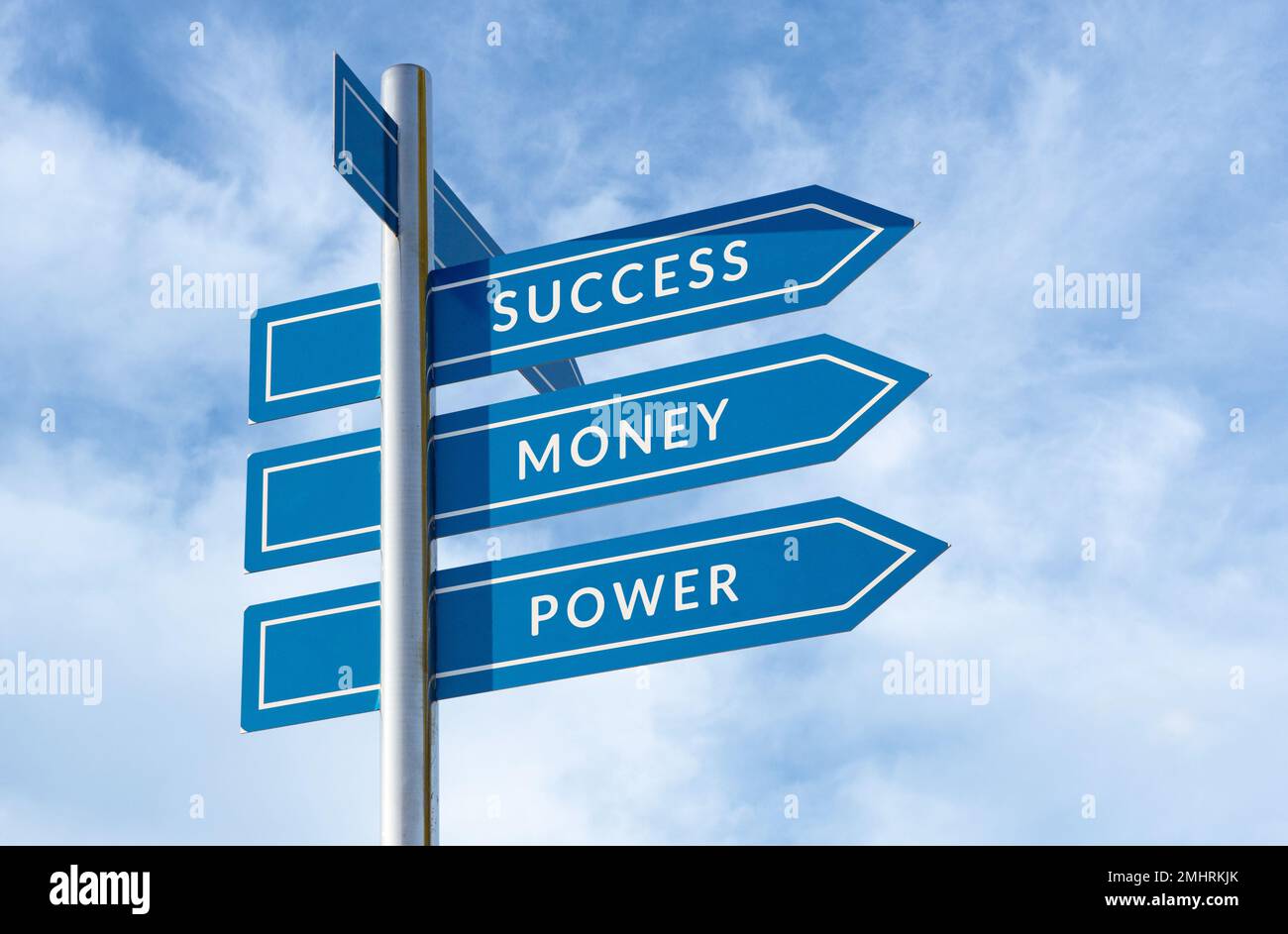Messaggio di successo Money Power sul cartello isolato su sfondo blu cielo Foto Stock