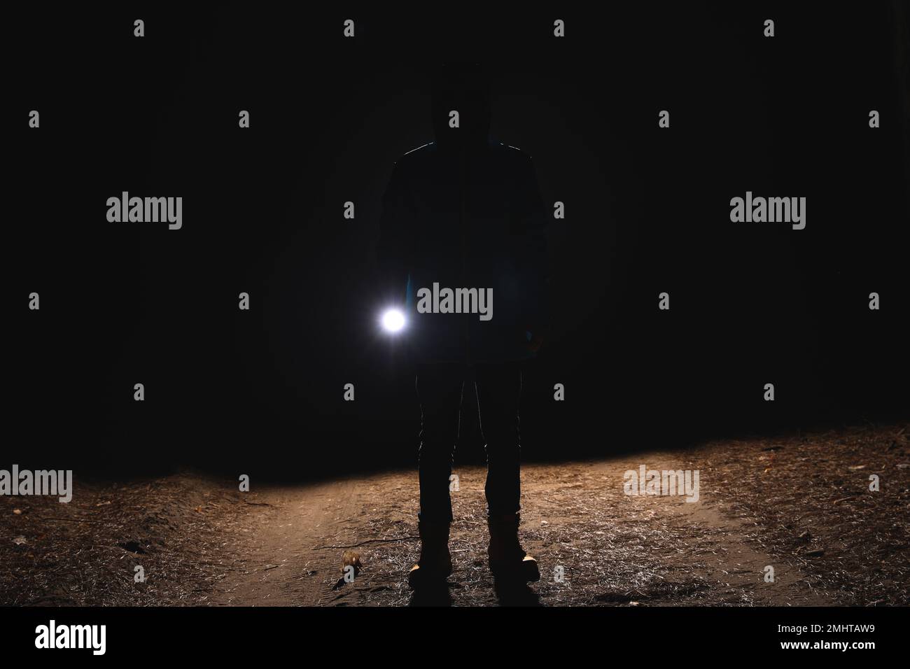 Silhouette dell'uomo con torcia luminosa nella foresta di notte Foto Stock