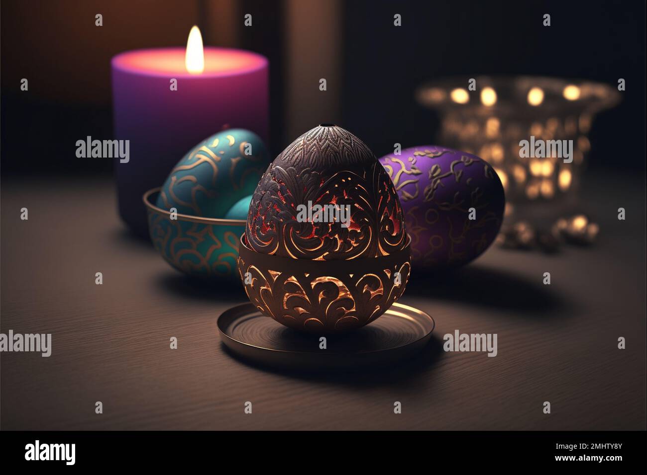 Buona Pasqua. rendering 3d. Tipografico , luce, cuore. Invito al bigliettino. Progettazione di background. Banner, poster Illustrazione congratulazioni cartolina. Illustrazione 3D di alta qualità Foto Stock