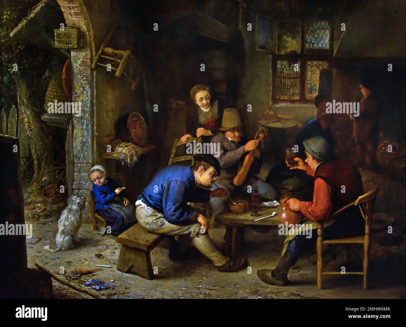 Contadini in una locanda 1662, Adriaen van Ostade (1610–1685) Paesi Bassi, Paesi Bassi, Olanda, in una locanda caotica, tre uomini sono seduti ad un tavolo. Uno di loro si sta piegando in avanti per illuminare la sua pipa, mentre l'uomo opposto alza il bicchiere e un terzo si mette a punto la sua fiddle Foto Stock