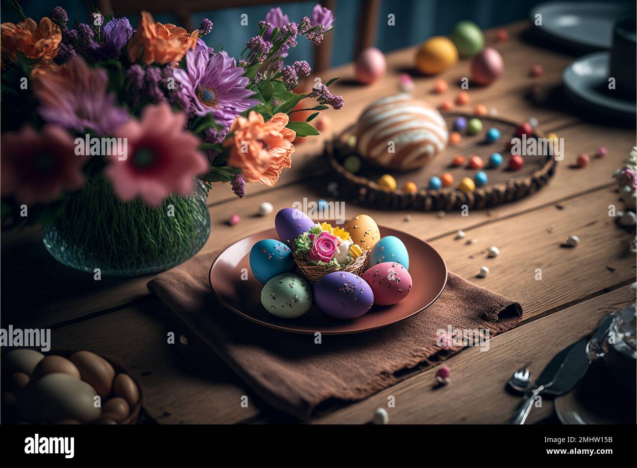 Buona Pasqua. rendering 3d. Tipografico , luce, cuore. Invito al bigliettino. Progettazione di background. Banner, poster Illustrazione congratulazioni cartolina. Illustrazione 3D di alta qualità Foto Stock