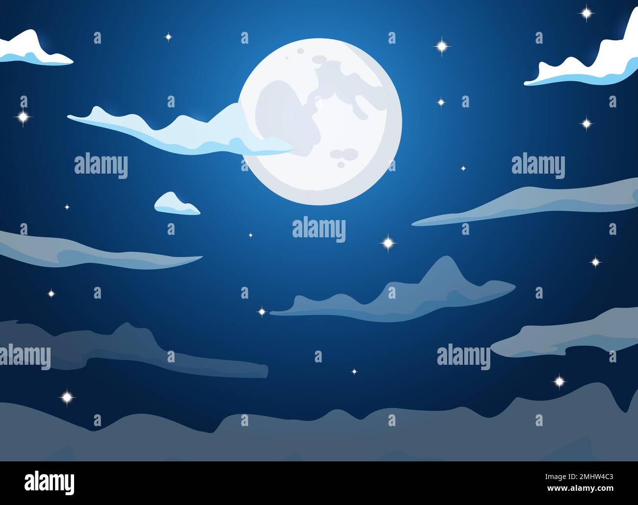 Cielo di cartone animato di notte con le nuvole, la luna piena, il chiaro di luna e le stelle disegno vettoriale di fondo. Illustrazione Vettoriale