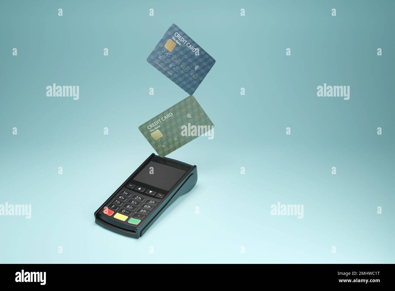 Macchina per il pagamento con carta di credito e carta di credito su sfondo ciano. Illustrazione del concetto di pagamento anticipato e di debito Foto Stock