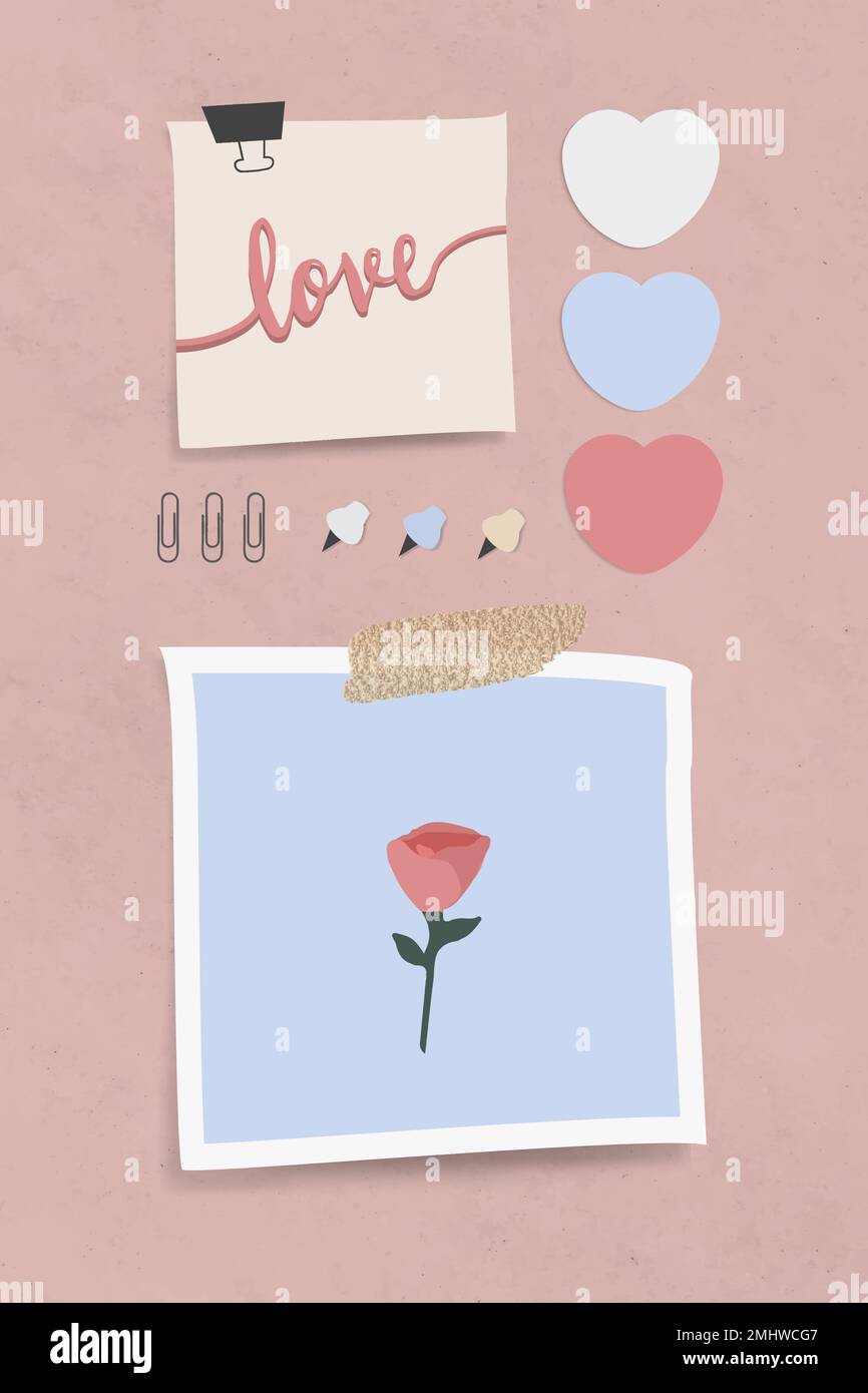 Set di notepaper tema amore con spilli e clip su sfondo rosa textured vettore Illustrazione Vettoriale