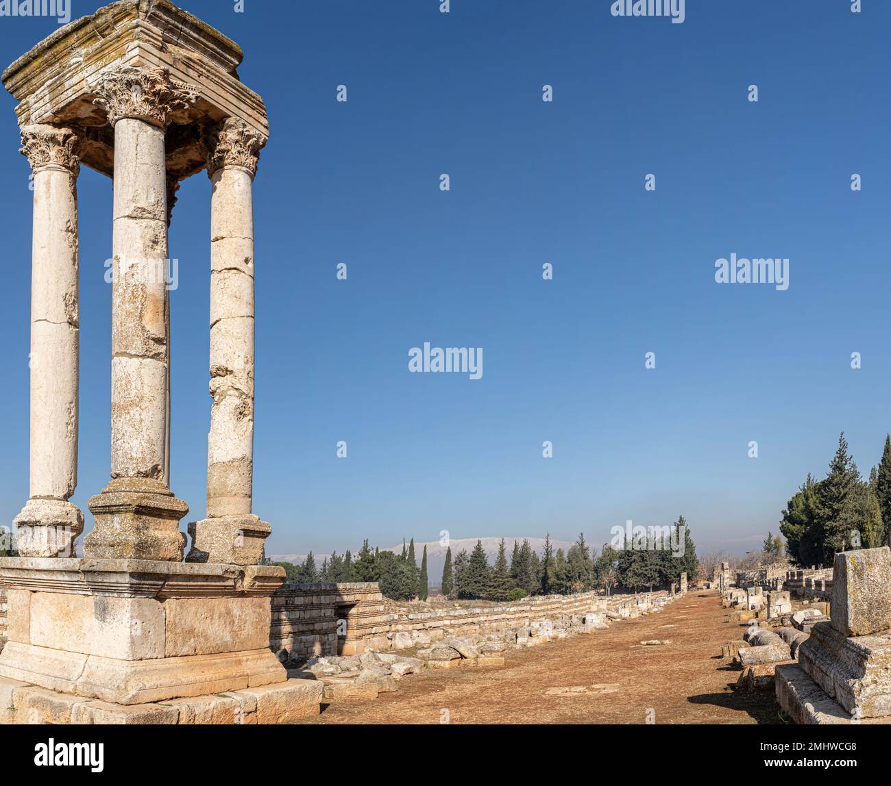 Resti di strada nelle rovine della città di Umayyad in Anjar, valle Bekaa, Libano Foto Stock