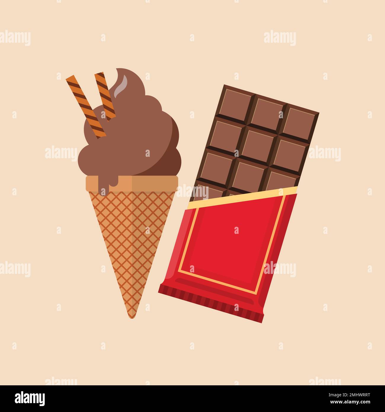 Gelato al cioccolato nel cono con barretta di cioccolato. Illustrazione vettoriale Illustrazione Vettoriale