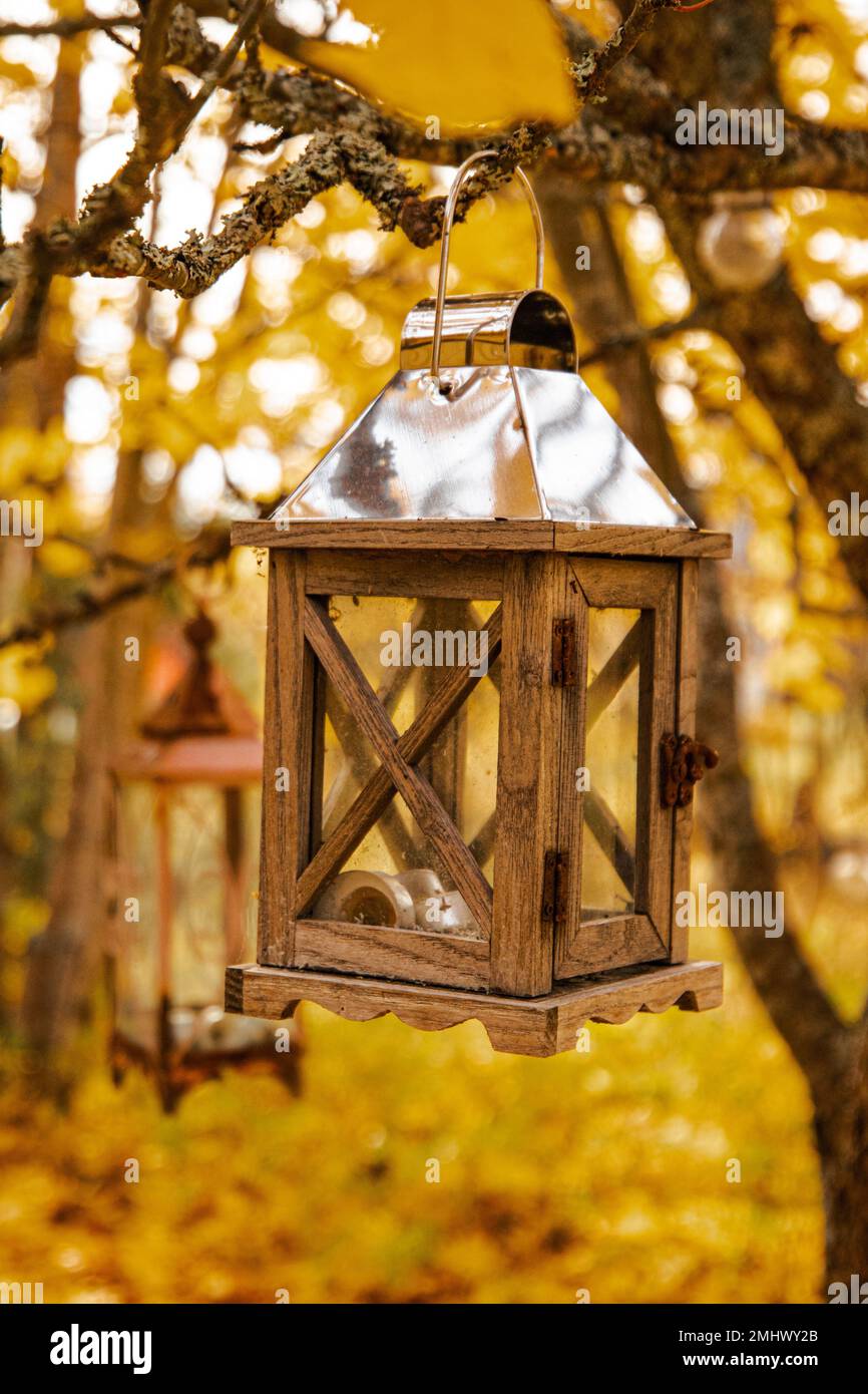 Una foto verticale di una lanterna in legno d'epoca decorativa appesa ad un ramo in un giardino autunnale Foto Stock