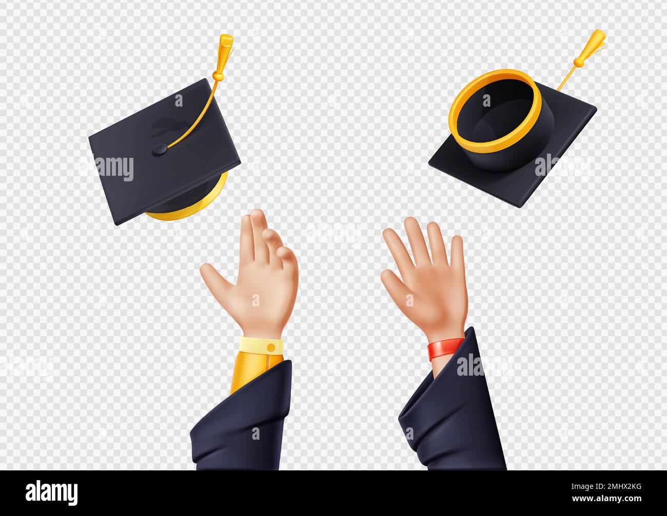 Gli studenti felici buttano in aria i tappi per le lauree e i rotoli di certificati. La gente mani, volando cappelli accademici neri e laminati diplomi su sfondo bianco, 3D rendering illustrazione Illustrazione Vettoriale