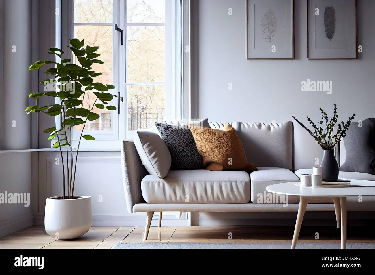 Una camera accogliente interno di un divano bianco con cuscini contro un tavolo e due piante Foto Stock