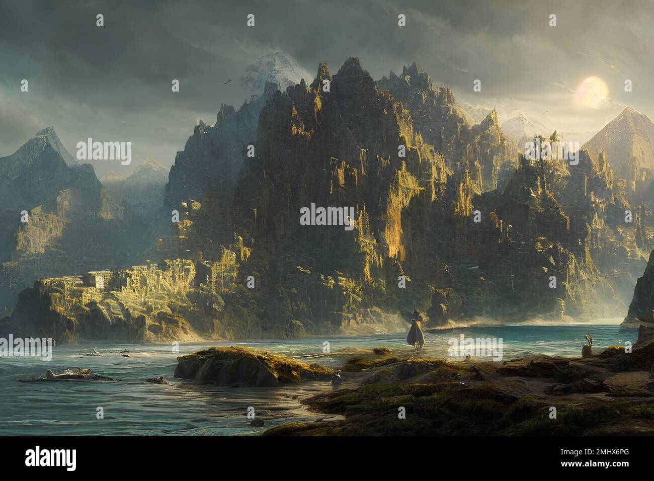 Un'illustrazione generata dall'intelligenza artificiale di un meraviglioso paesaggio fantasy con antiche rovine sulle montagne che si affacciano sul mare Foto Stock