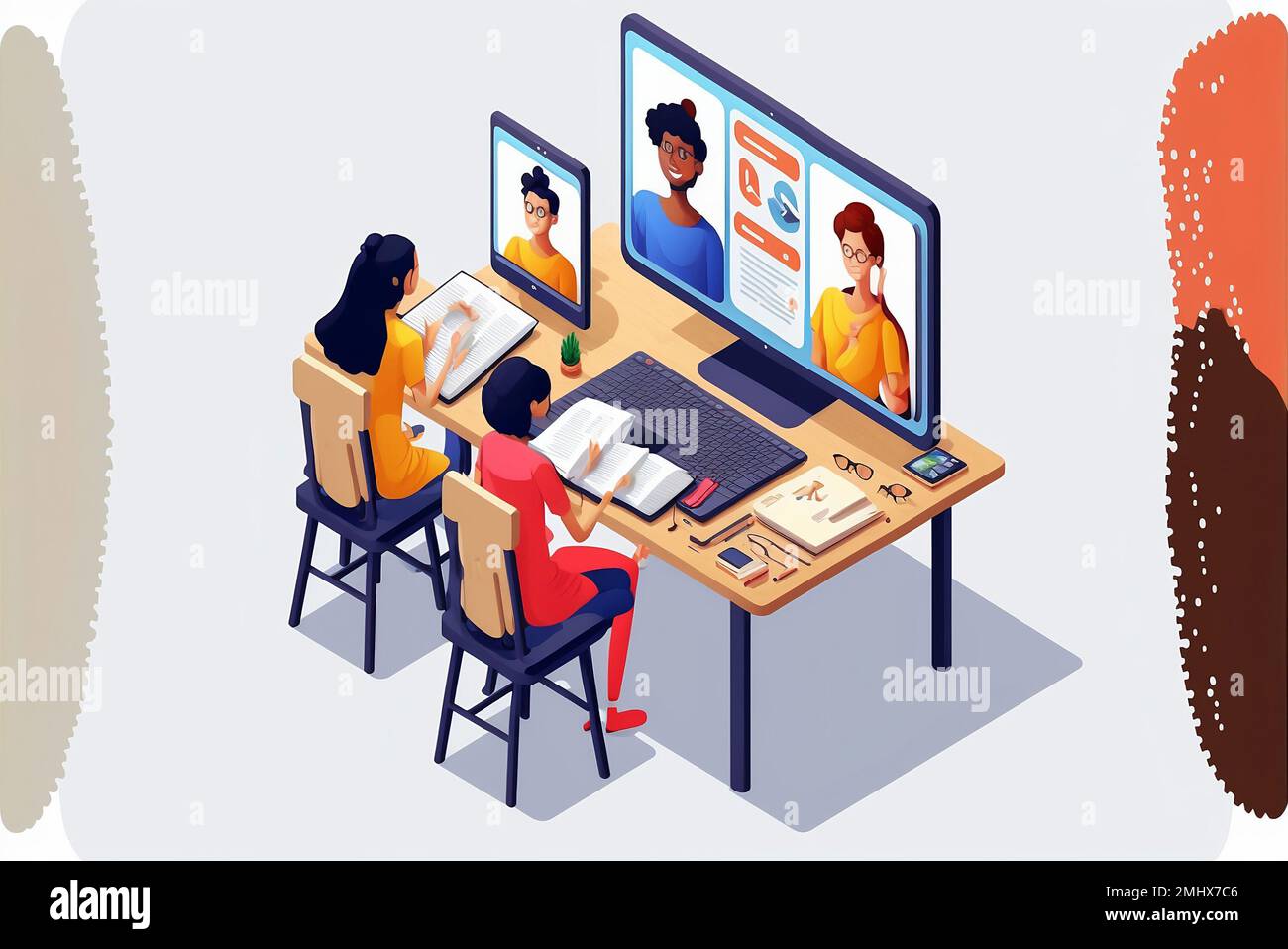 Un'illustrazione generata dall'intelligenza artificiale di un paio di studenti seduti alla scrivania che lavorano davanti ai computer Foto Stock